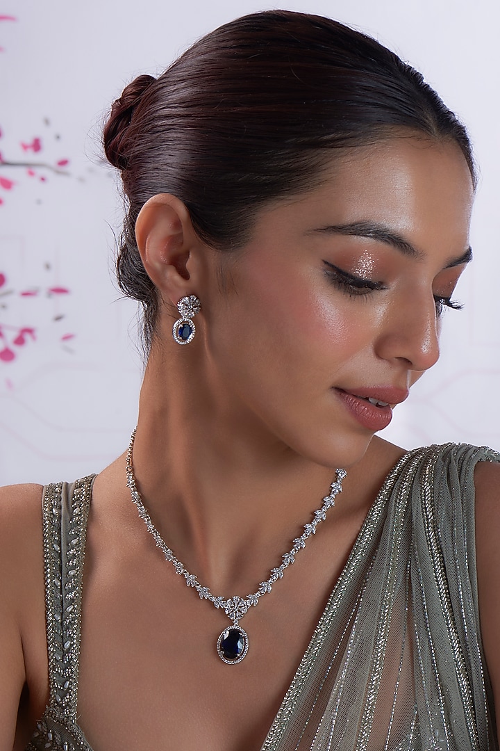 White Finish Zircon & Blue Stone Necklace Set by Aster at Pernia's Pop Up Shop