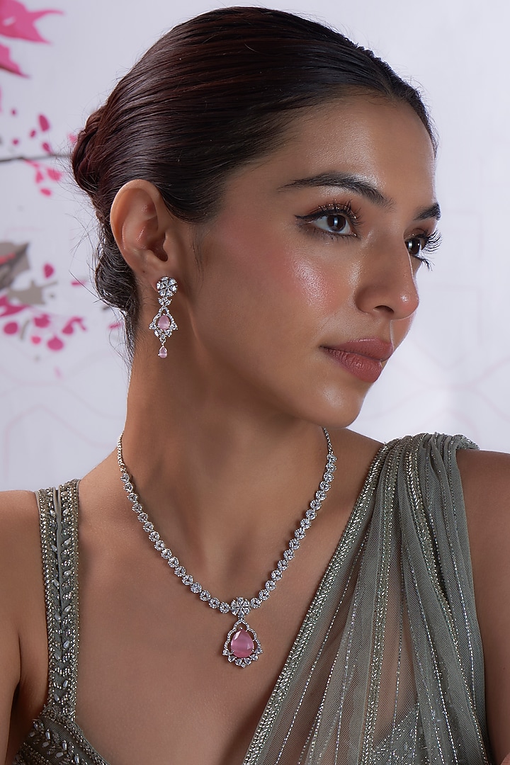 White Finish Zircon & Pink Stone Necklace Set by Aster at Pernia's Pop Up Shop