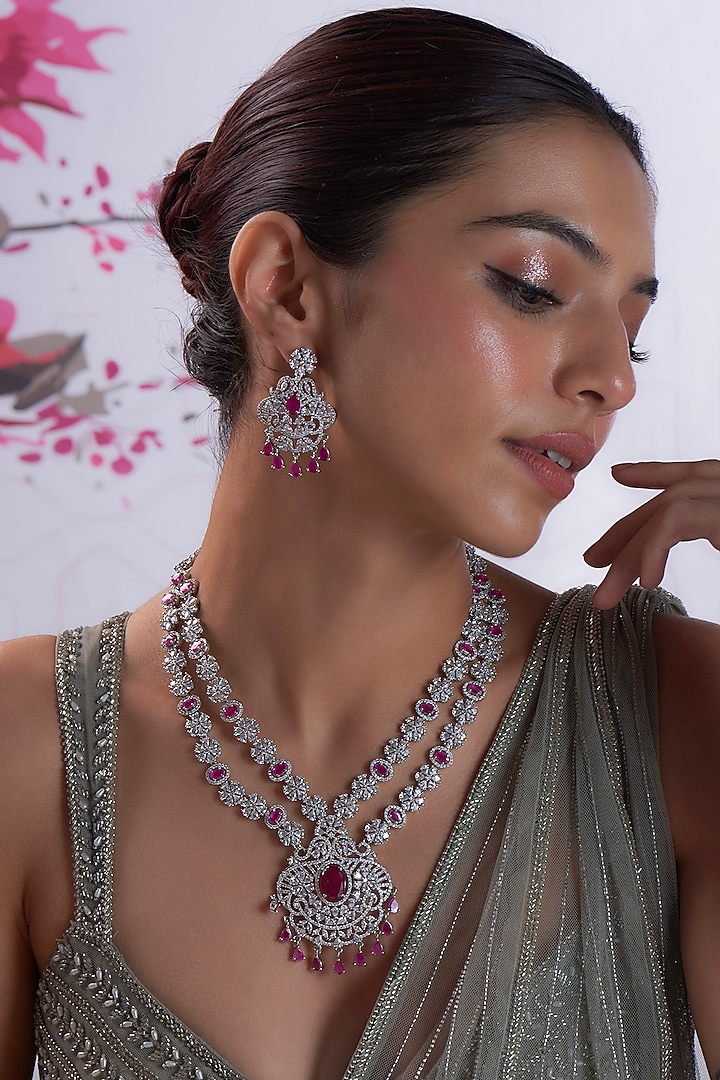 White Finish Zircon & Red Stone Long Necklace Set by Aster at Pernia's Pop Up Shop