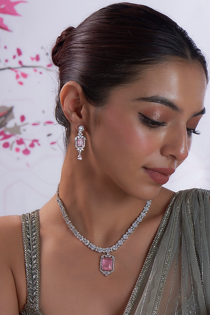 White Finish Zircon & Pink Stone Necklace Set by Aster at Pernia's Pop Up Shop