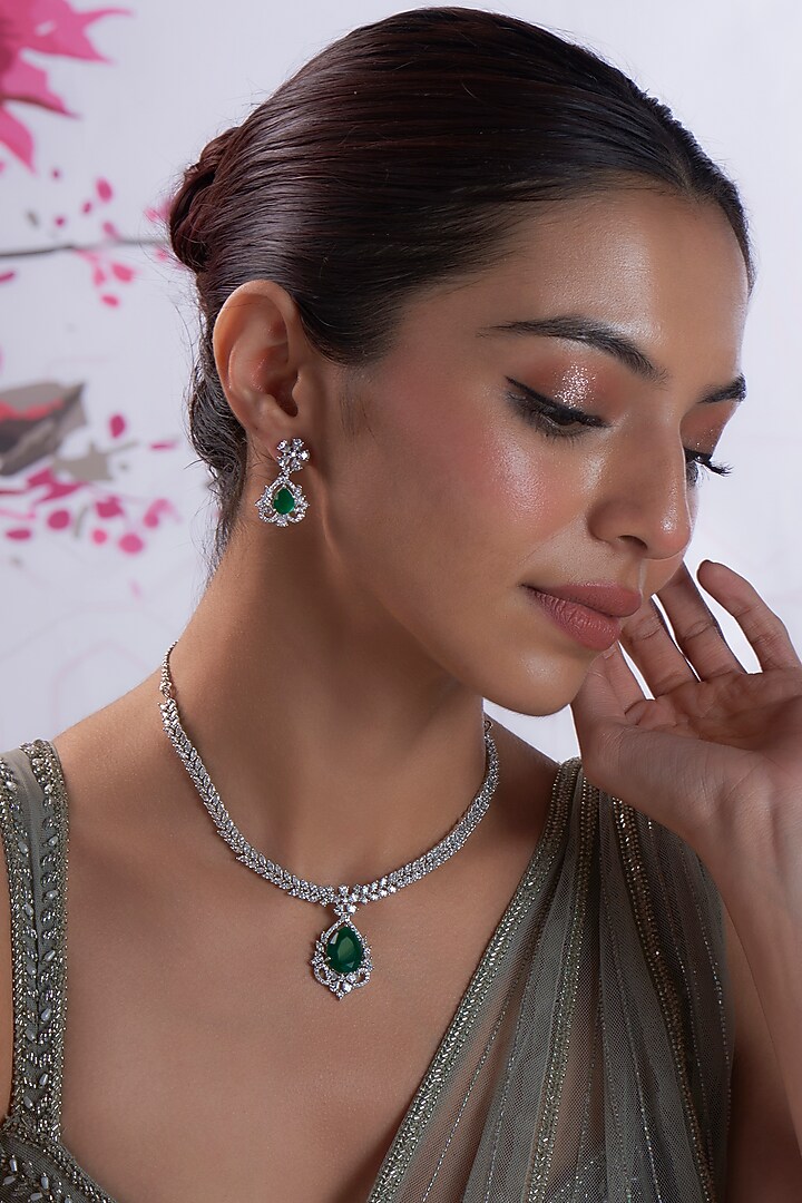 White Finish Zircon & Green Stone Necklace Set by Aster at Pernia's Pop Up Shop