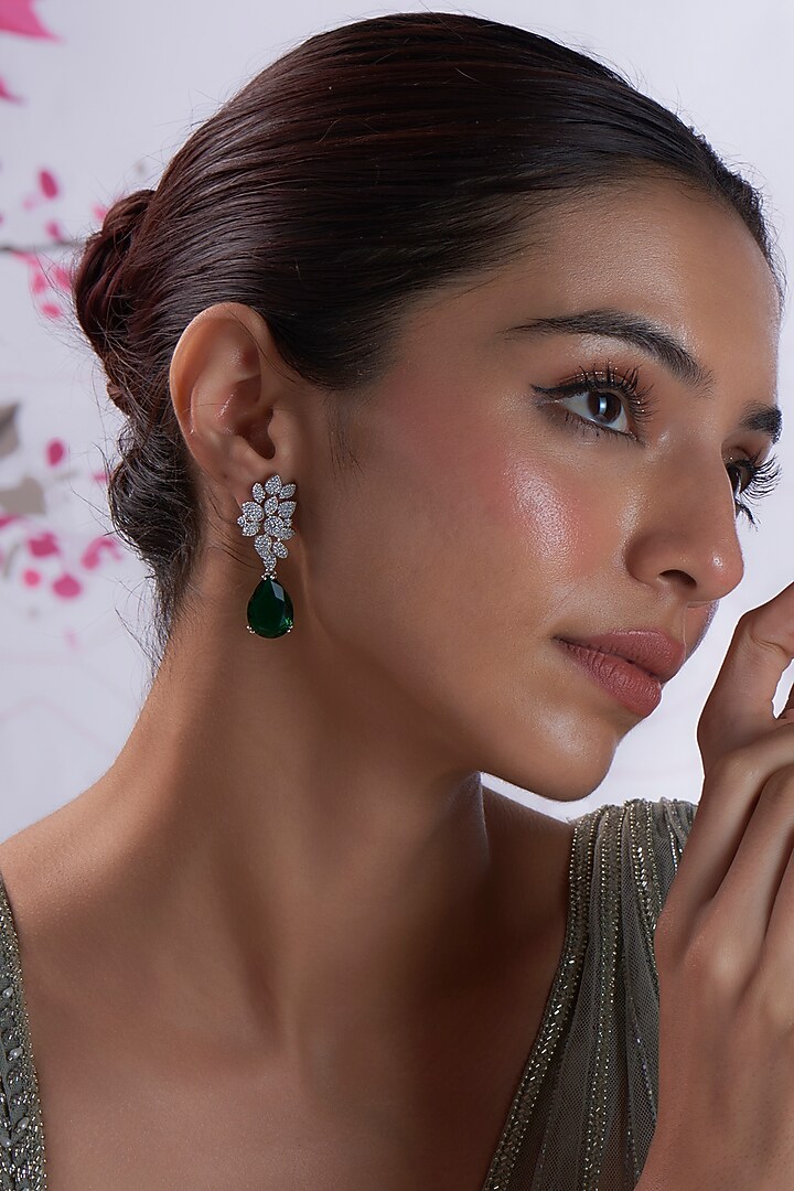 White Finish Zircon & Green Stone Dangler Earrings by Aster at Pernia's Pop Up Shop