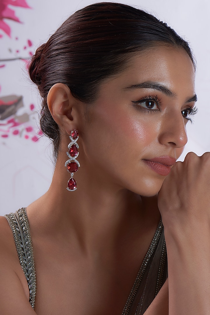 White Finish Zircon & Red Stone Dangler Earrings by Aster at Pernia's Pop Up Shop