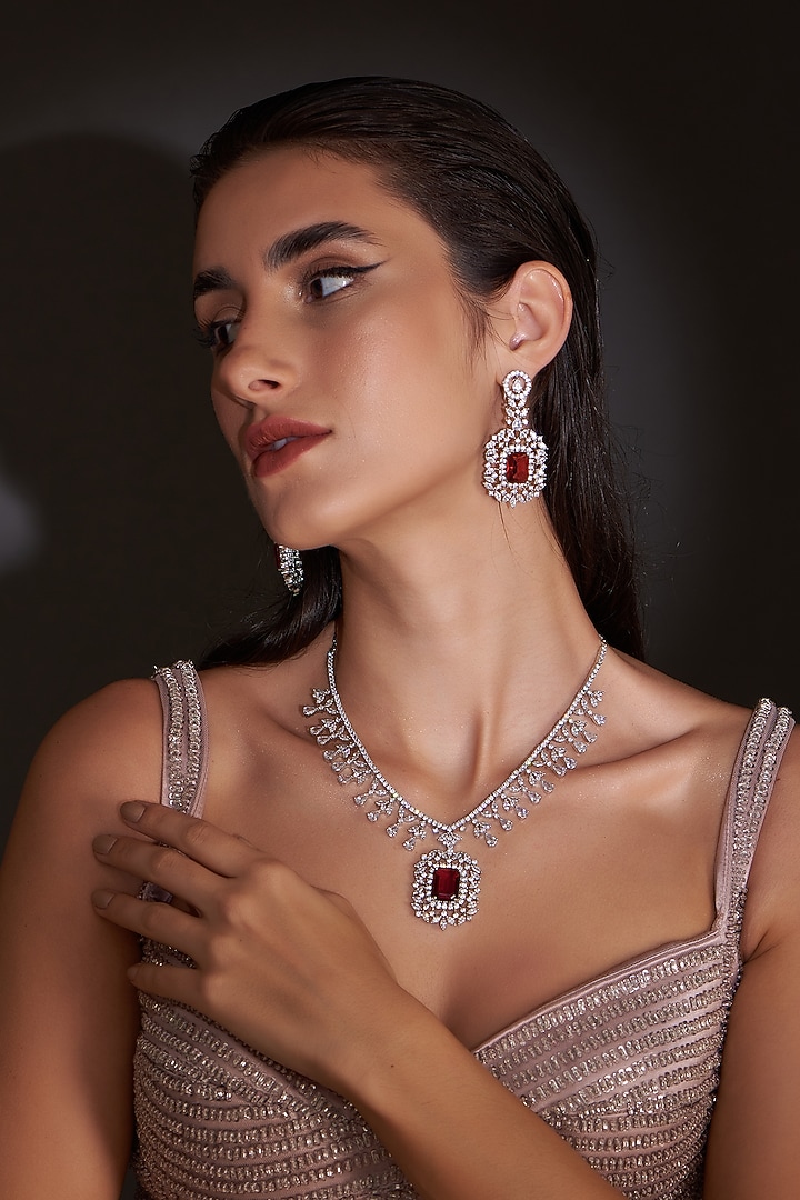 White Finish Zircon & Red Stone Necklace Set by Aster at Pernia's Pop Up Shop
