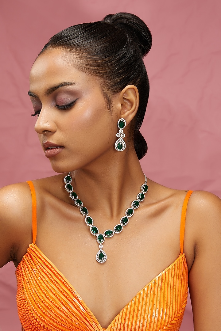 White Finish Zircon & Green Stone Necklace Set by Aster at Pernia's Pop Up Shop