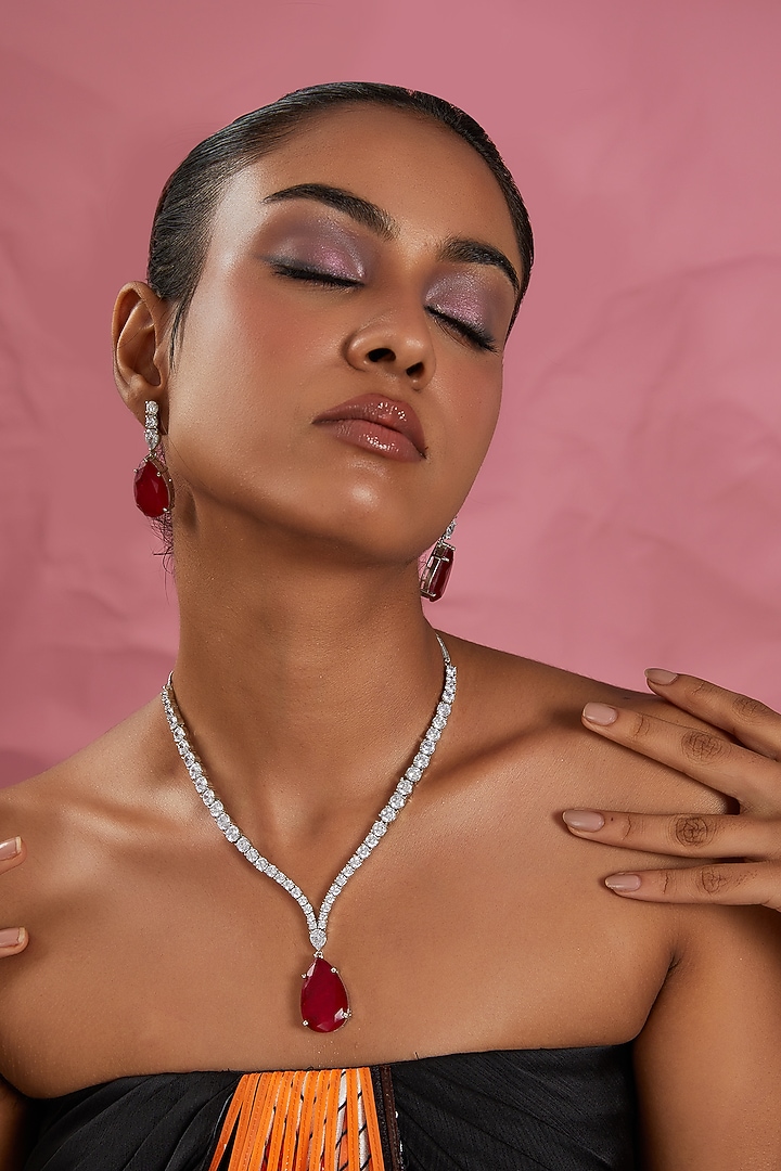 White Finish Zircon & Red Stone Necklace Set by Aster at Pernia's Pop Up Shop