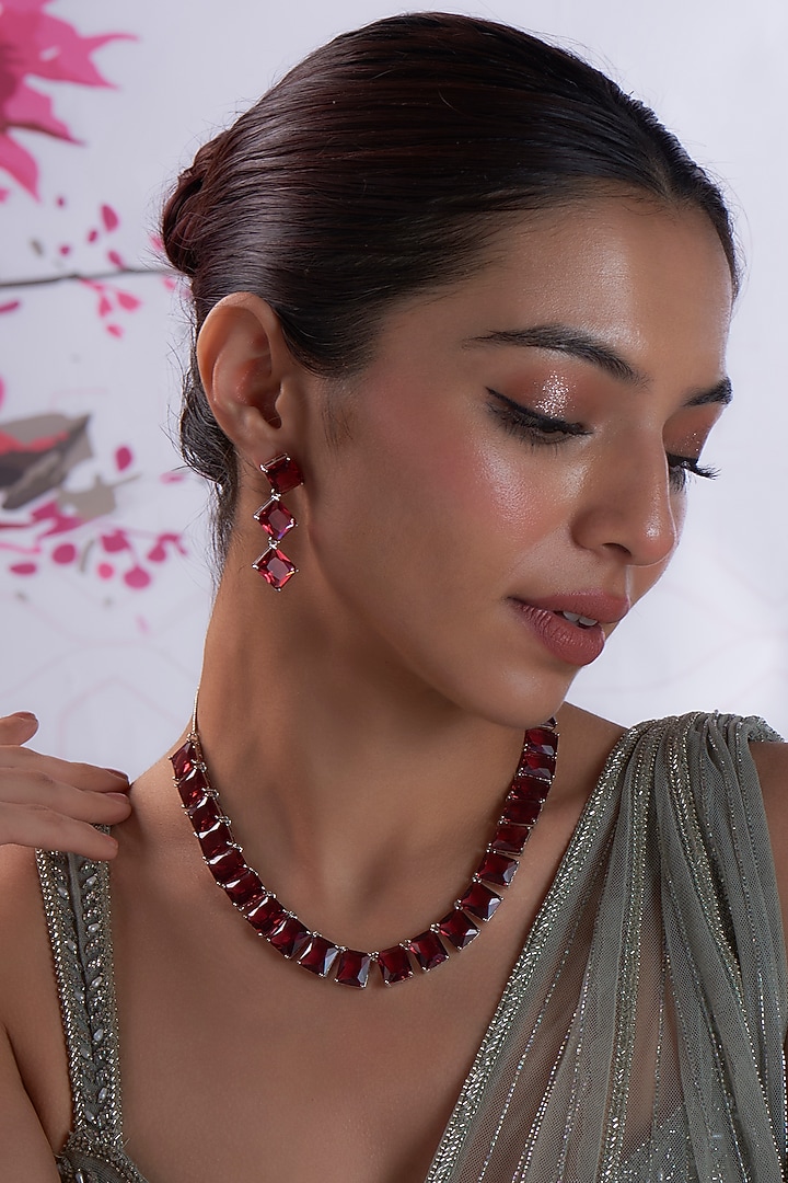 White Finish Zircon & Red Stone Necklace Set by Aster at Pernia's Pop Up Shop