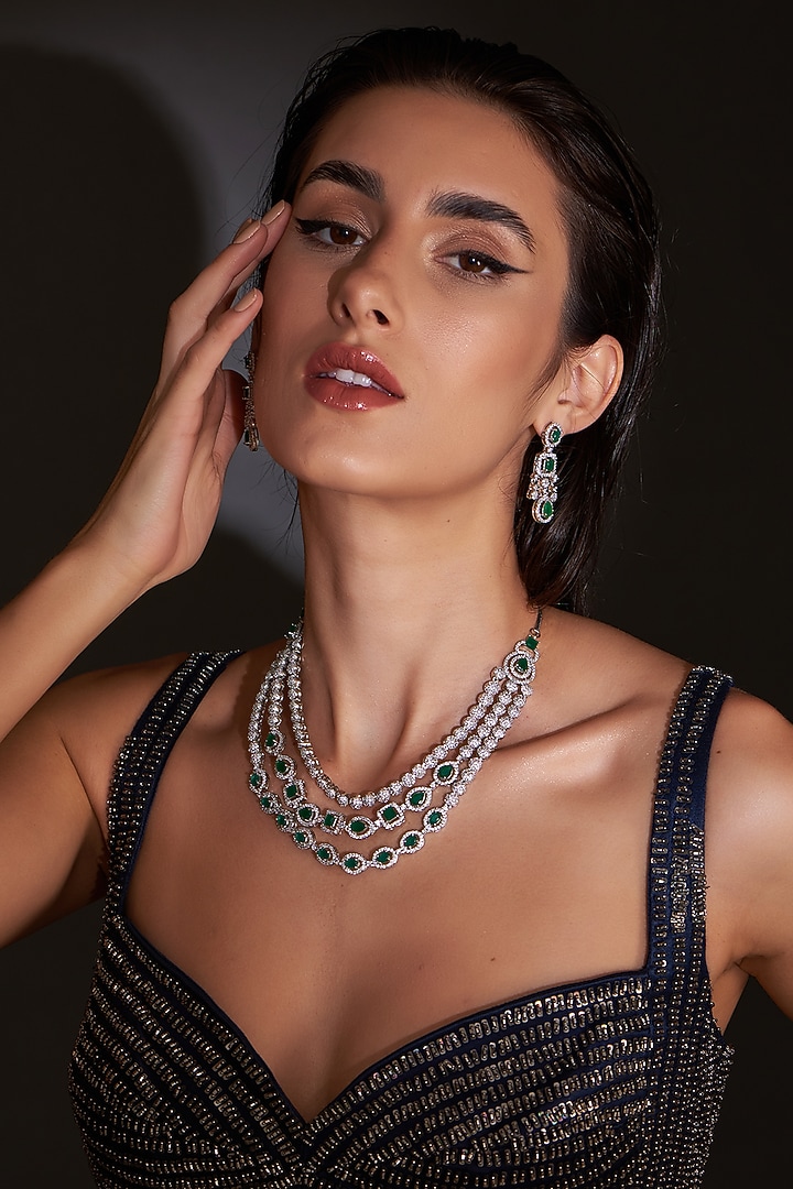 White Finish Zircon & Green Stone Layered Necklace Set by Aster at Pernia's Pop Up Shop