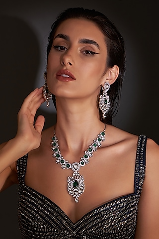 White Finish Zircon & Green Stone Necklace Set by Aster