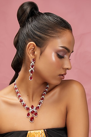 White Finish Zircon & Red Stone Necklace Set by Aster