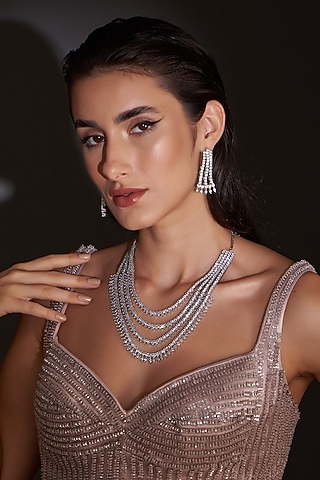 White Finish Zircon Layered Necklace Set by Aster