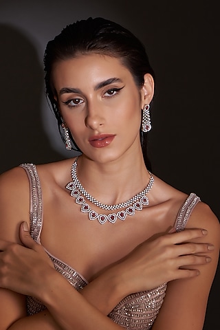White Finish Zircon & Red Stone Layered Necklace Set 

 by Aster