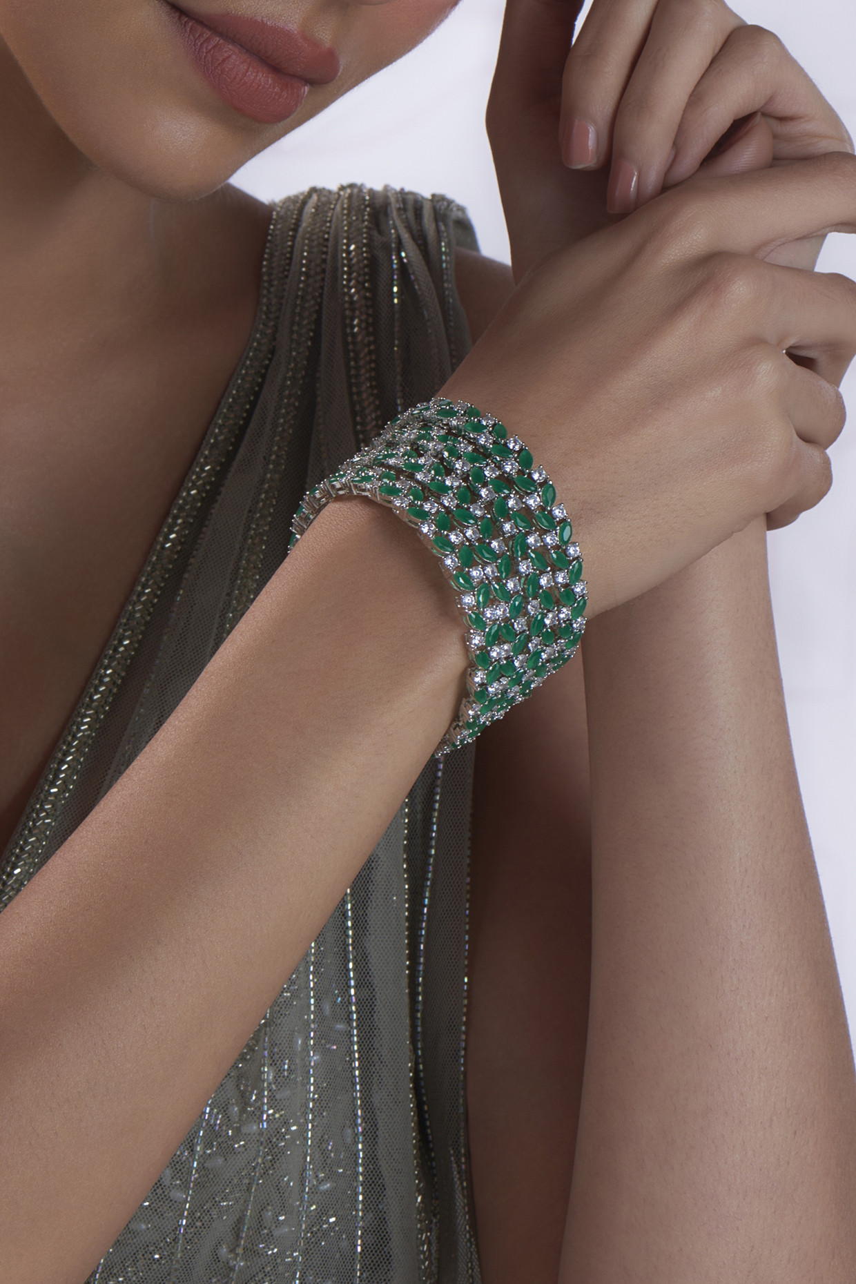 White Finish Zircon & Green Stone Bangles (Set of 4) by Aster at Pernia's Pop Up Shop