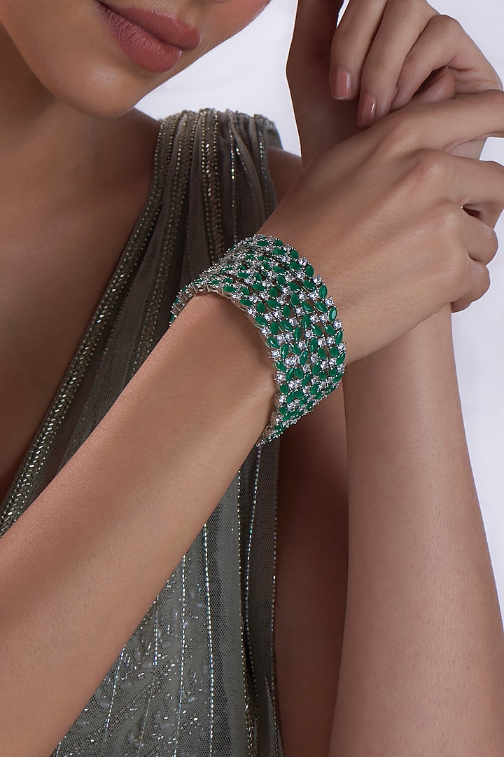 White Finish Zircon & Green Stone Bangles (Set of 4) by Aster at Pernia's Pop Up Shop