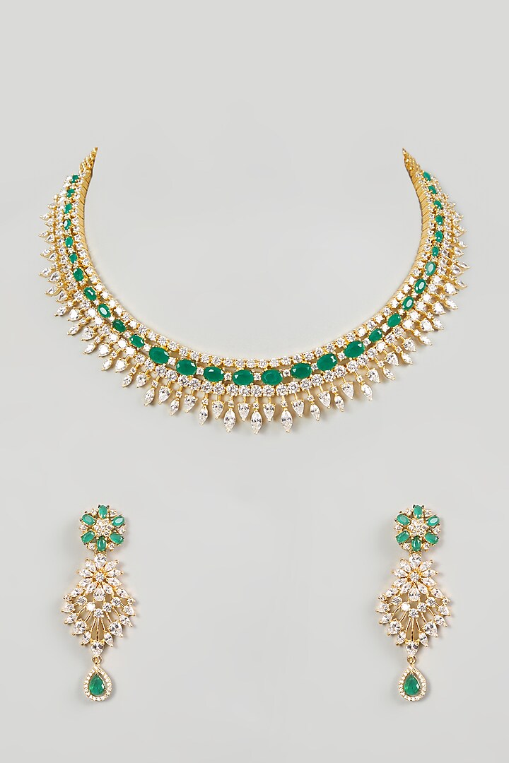 Gold Finish Green Faux Diamond Necklace Set by Aster