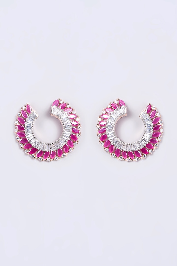 Rose Gold Finish Red Synthetic Stone & Zircon Hoop Earrings by Aster at Pernia's Pop Up Shop