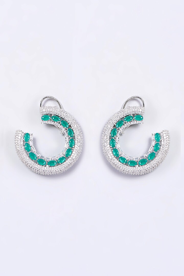 White Finish Zircon & Green Synthetic Stone Stud Earrings by Aster at Pernia's Pop Up Shop