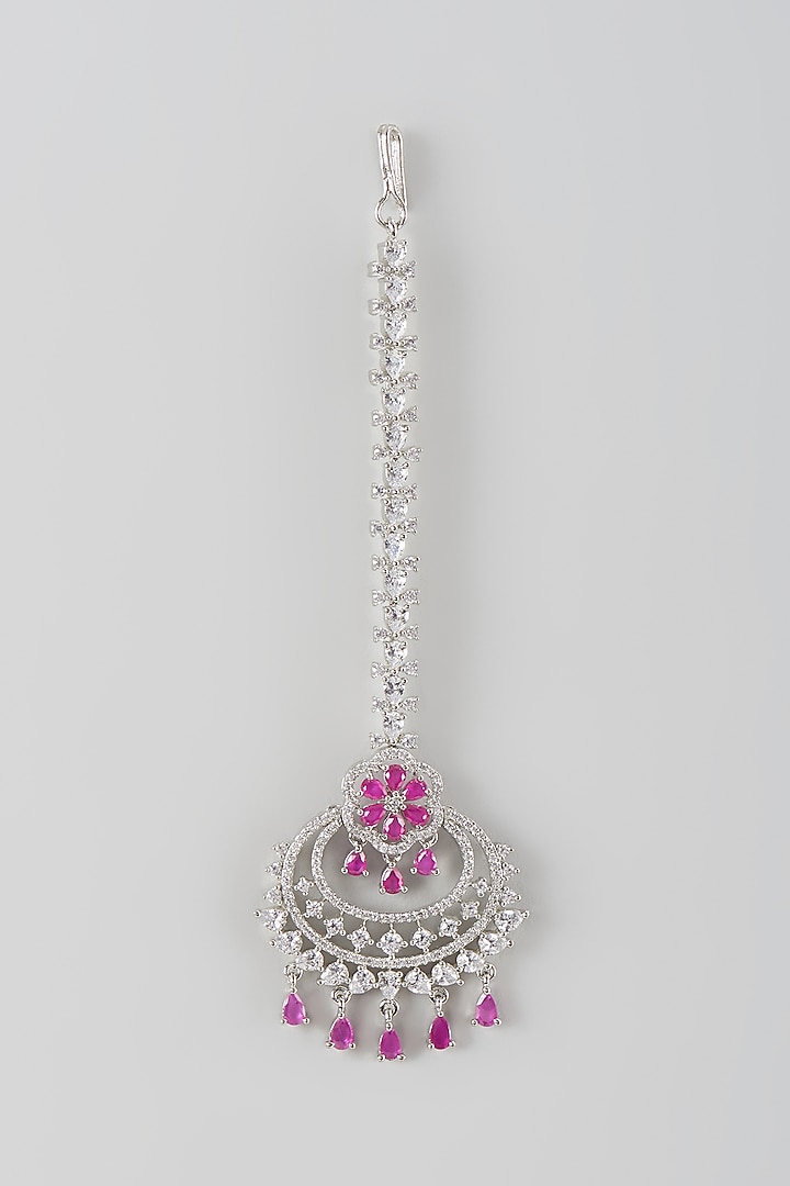 White Finish Pink Synthetic Stone & Zircon Maang Tika by Aster at Pernia's Pop Up Shop
