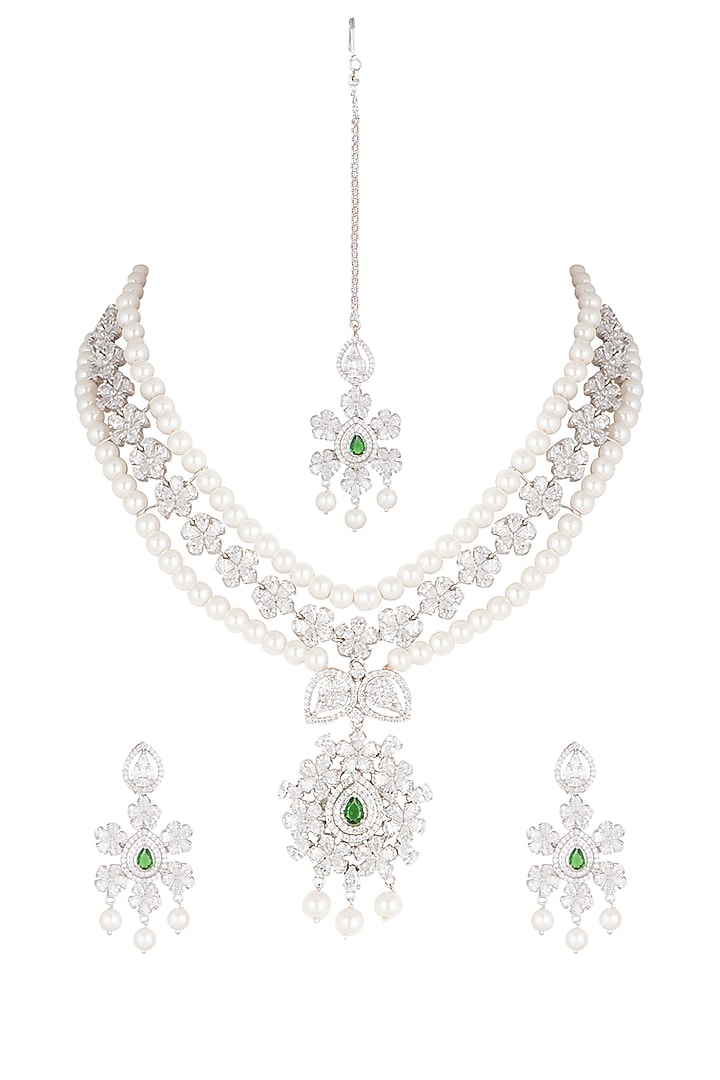 White Finish Pearl & Diamond Necklace Set by Aster at Pernia's Pop Up Shop