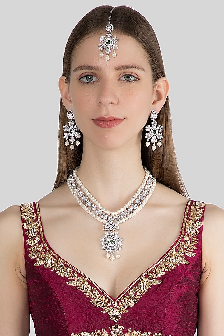White Finish Pearl & Diamond Necklace Set by Aster