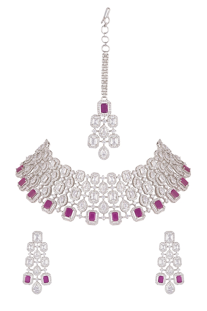 White Finish Diamonds & Stone Necklace Set by Aster at Pernia's Pop Up Shop