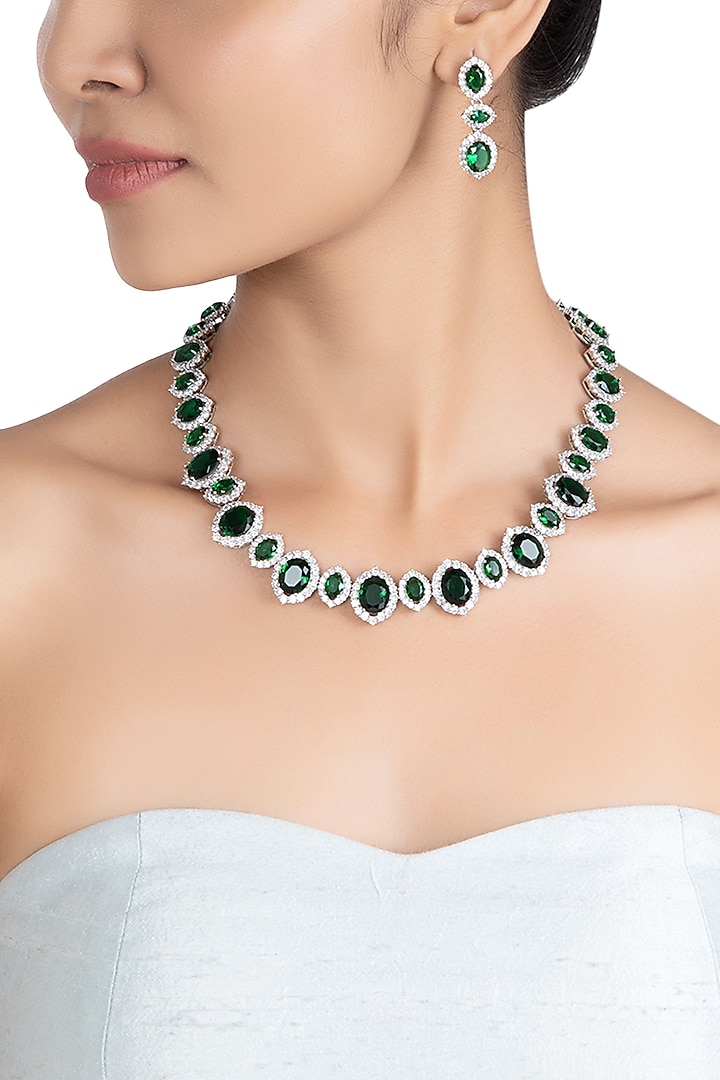 Silver plated faux emerald and diamond necklace set by ASTER