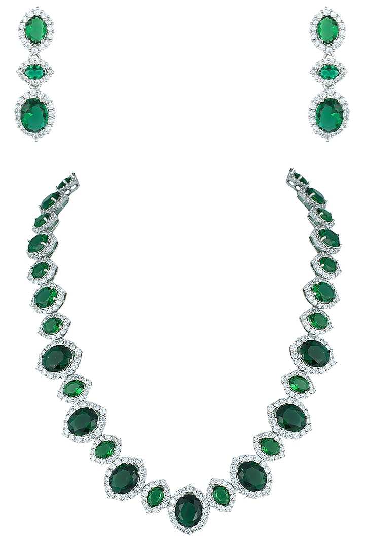 Silver plated faux emerald and diamond necklace set available only at Pernia's Pop Up Shop.