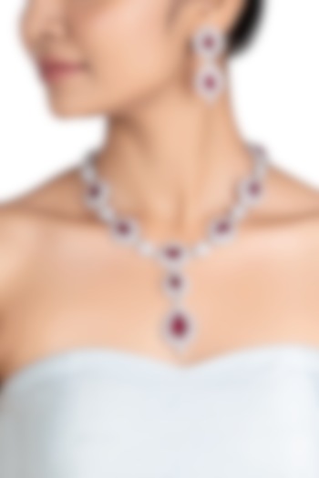 Silver plated faux ruby and diamond necklace set by ASTER