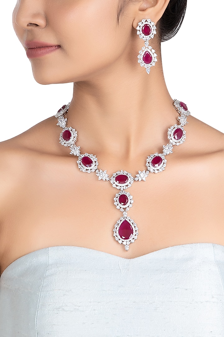 Silver plated faux ruby and diamond necklace set by ASTER