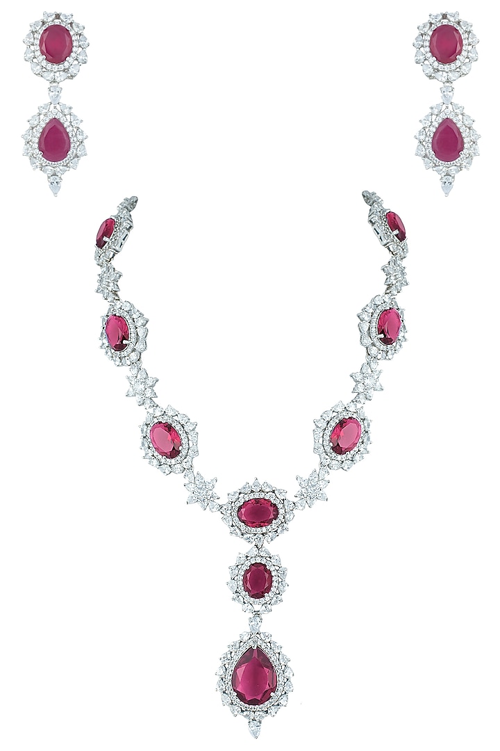 Silver plated faux ruby and diamond necklace set available only at ...