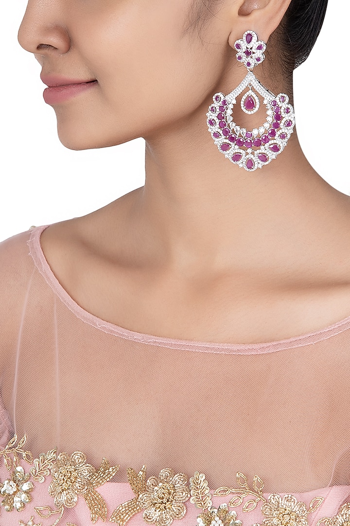 Silver plated faux ruby and diamond chandbali earrings by Aster