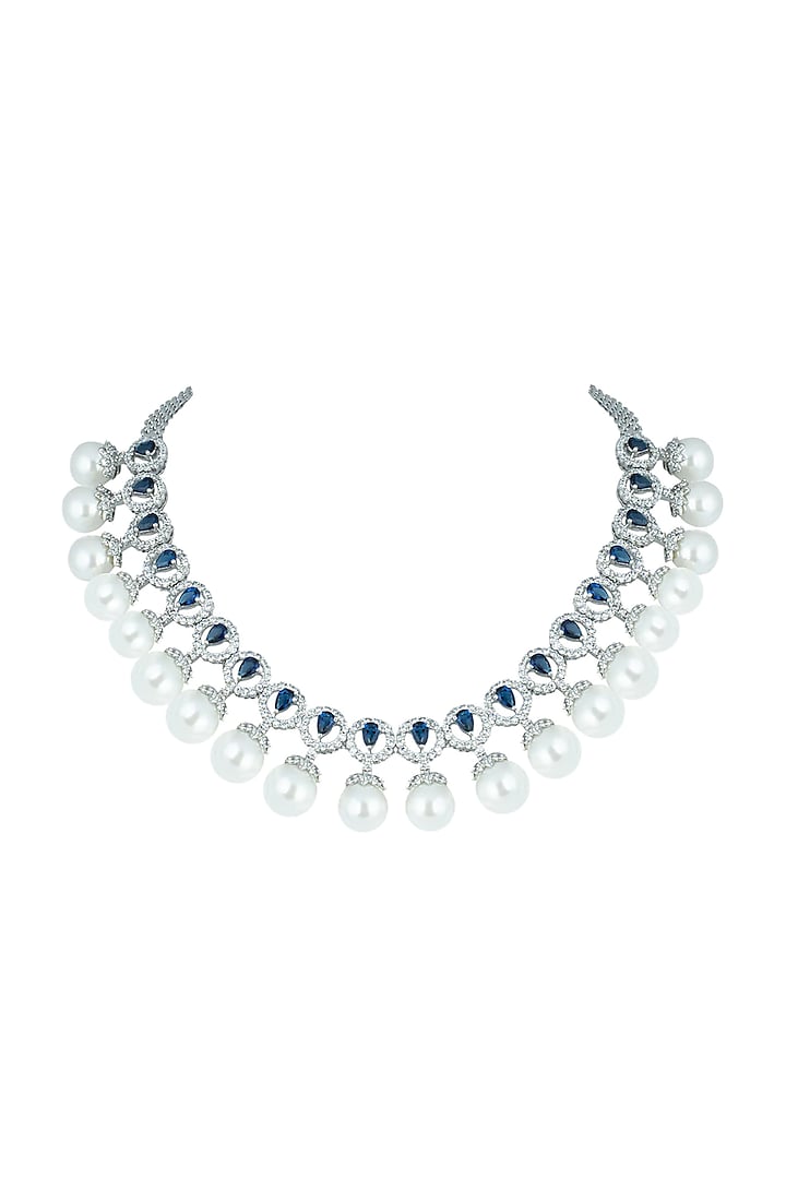 Silver Plated Faux Diamonds & Pearl Necklace by Aster