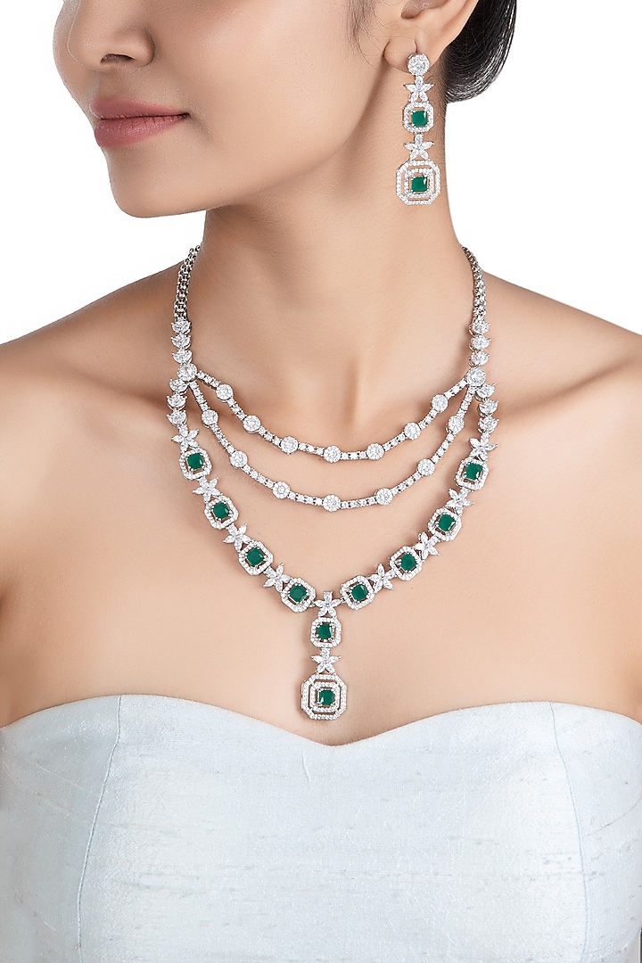 Silver plated triple line diamond and emerald necklace set by ASTER