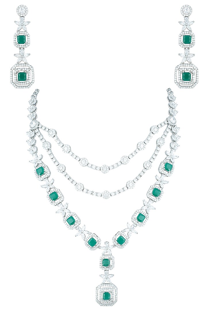 Silver plated triple line diamond and emerald necklace set available only at Pernia's Pop Up Shop.
