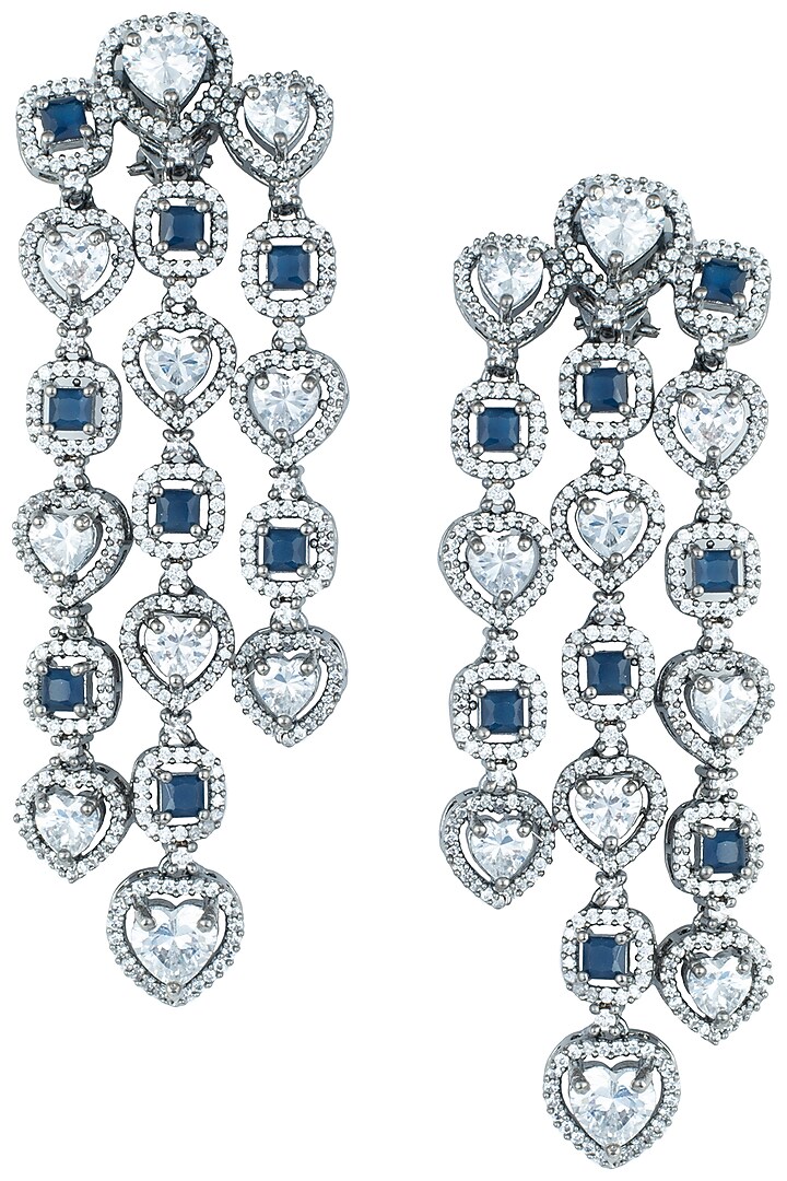 Rhodium plated faux diamond and sapphire dangler earrings available only at Pernia's Pop Up Shop.