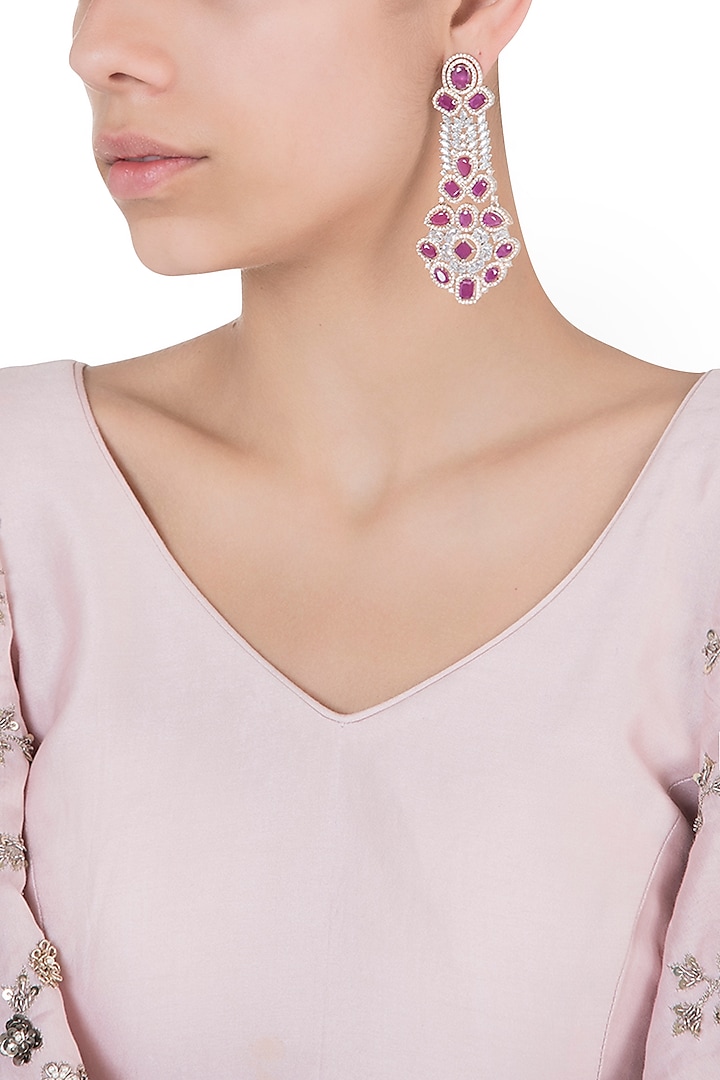 Silver plated faux ruby and diamond long earrings by ASTER