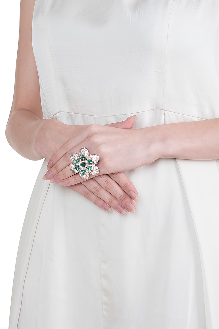 Silver plated kundan and emerald ring by ASTER