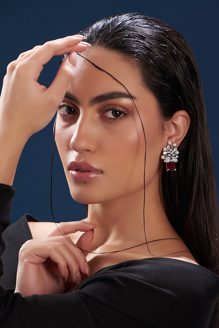 White Finish Red Stone & Zircon Dangler Earrings by Aster at Pernia's Pop Up Shop