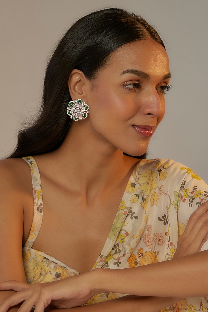 Rose Gold Finish Zircon & Green Synthetic Stone Stud Earrings by Aster at Pernia's Pop Up Shop