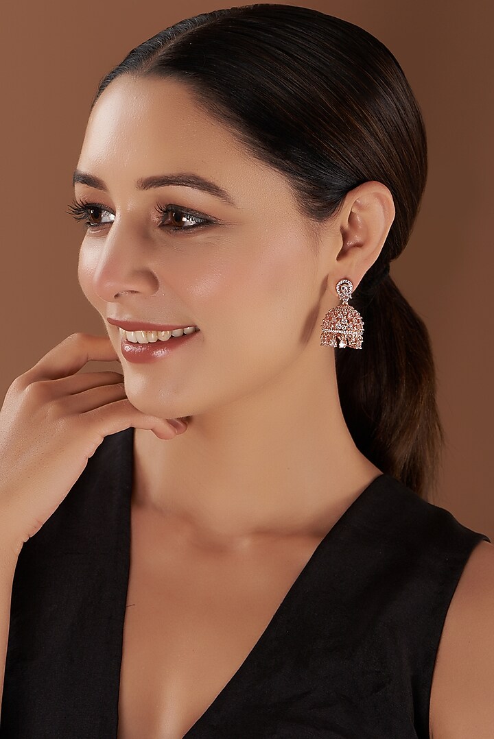 Rose Gold Finish Faux Diamond & Synthetic Stone Dangler Earrings by Aster at Pernia's Pop Up Shop