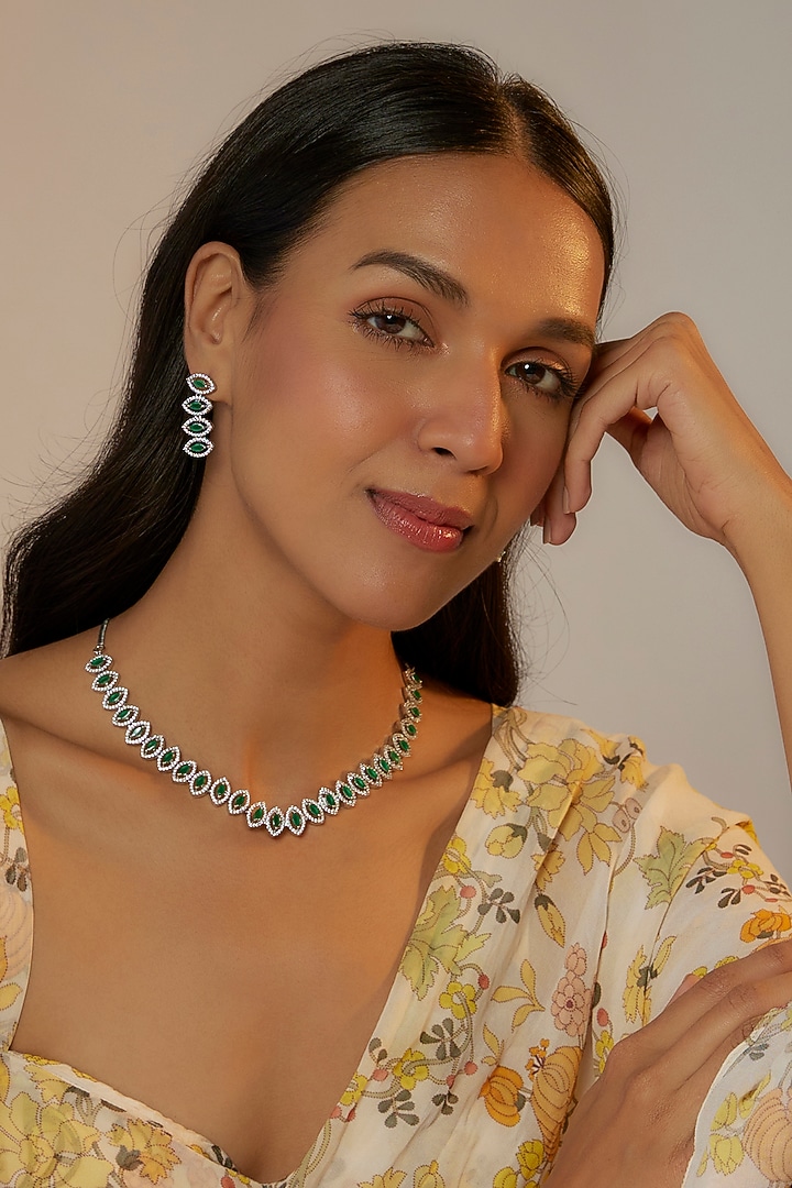 White Finish Zircon & Synthetic Emerald Necklace Set by Aster at Pernia's Pop Up Shop