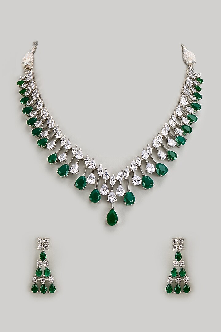 White Finish Faux Diamond & Synthetic Emerald Stone Necklace Set by Aster at Pernia's Pop Up Shop