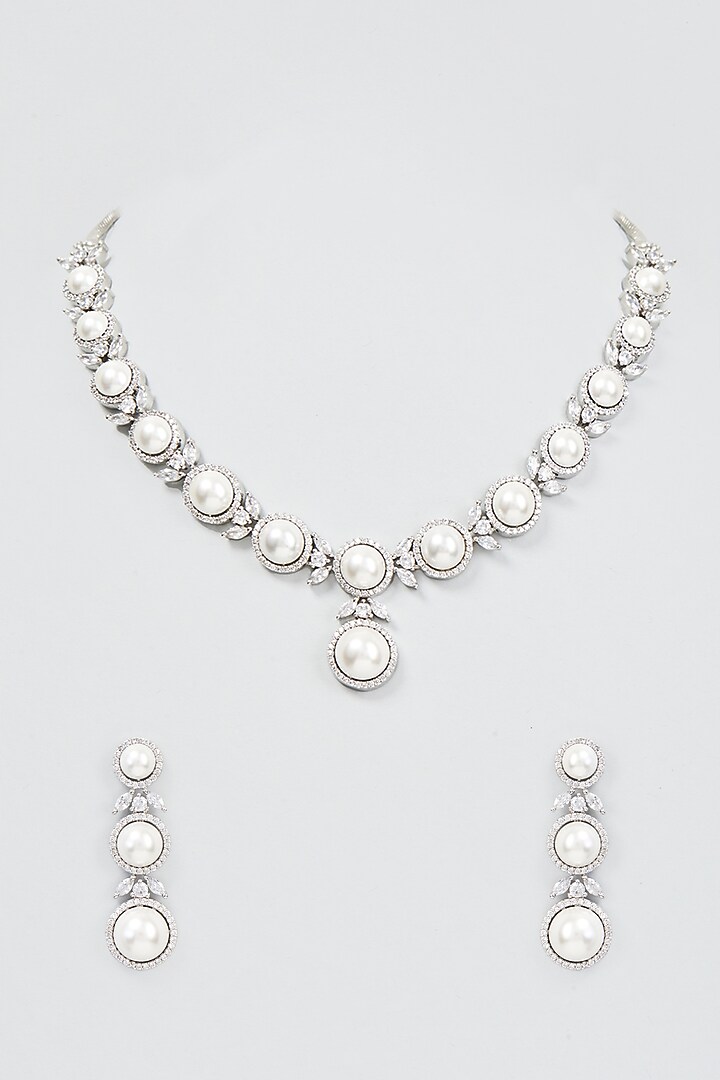 White Finish Zircon & Pearl Necklace Set by Aster at Pernia's Pop Up Shop