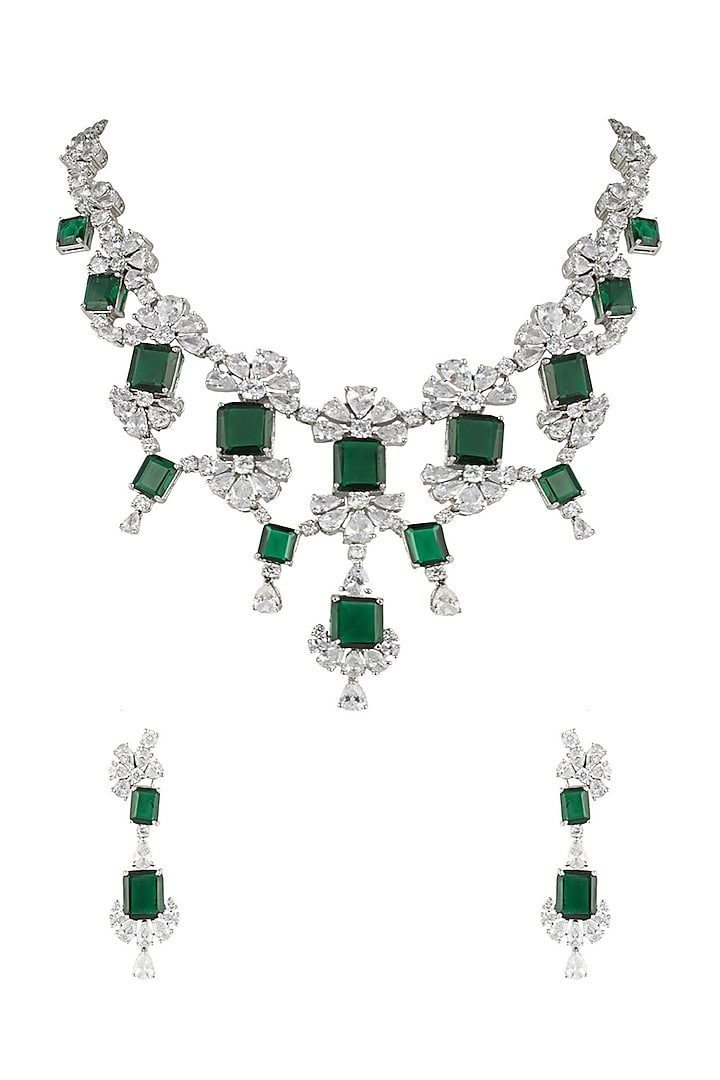 Silver plated faux diamond and emerald necklace set Design by Aster at ...