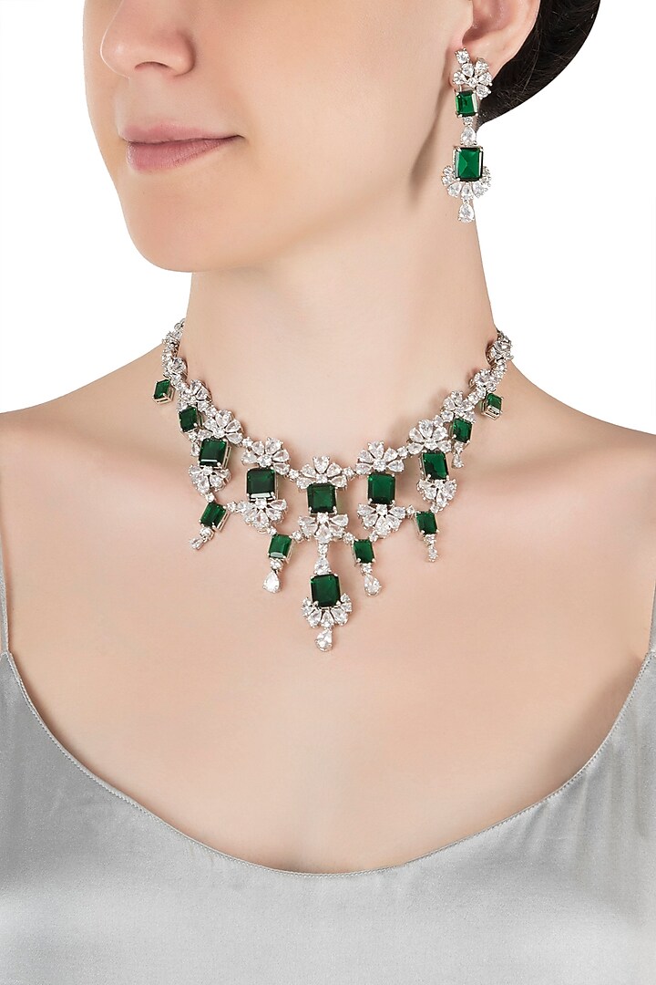 Silver plated faux diamond and emerald necklace set by Aster