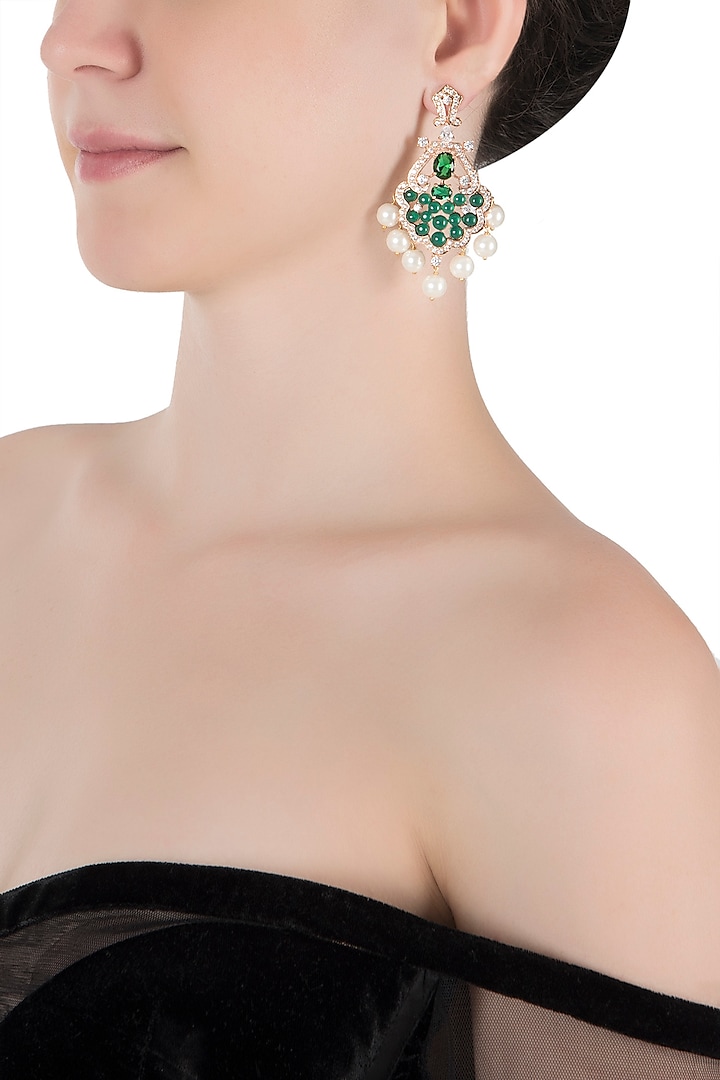 Silver plated faux emerald and diamond earrings by Aster