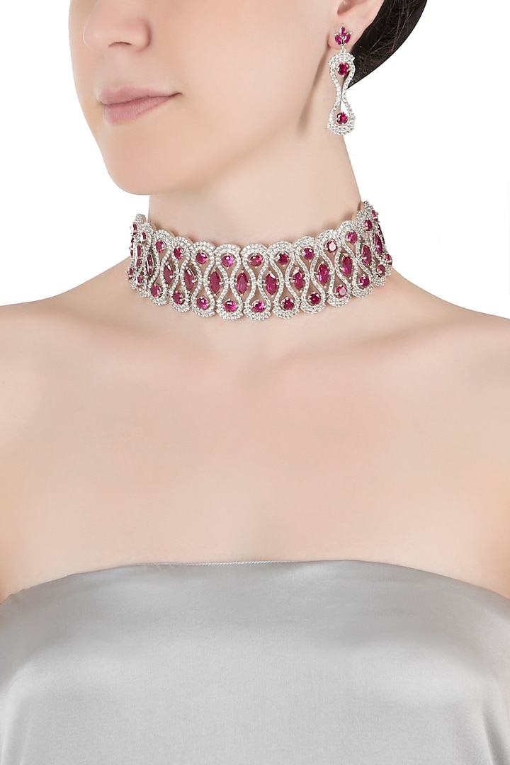 Silver plated faux ruby and diamonds necklace set by Aster