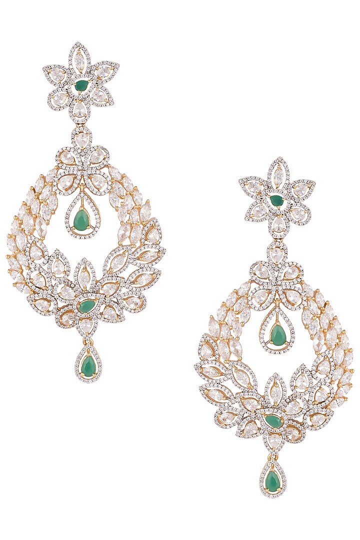 Gold plated diamond and emerald chandelier earrings by Aster at Pernia's Pop Up Shop