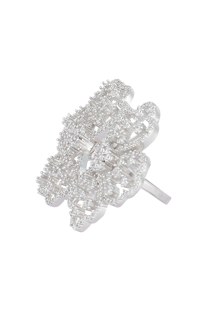 Silver plated oversized faux diamond floral ring by Aster at Pernia's Pop Up Shop