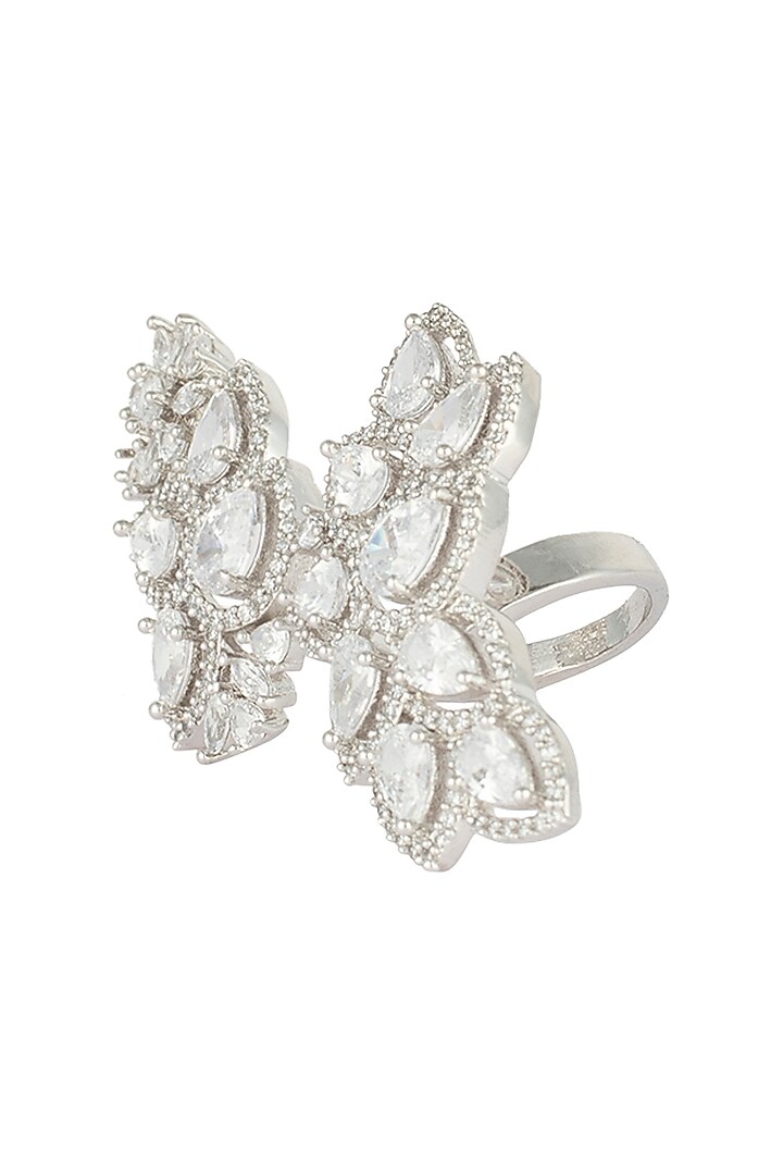 Silver plated two finger floral diamond ring by Aster at Pernia's Pop Up Shop
